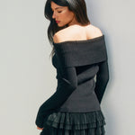 Off Shoulder Rib Sweater - black, womens sweater collection