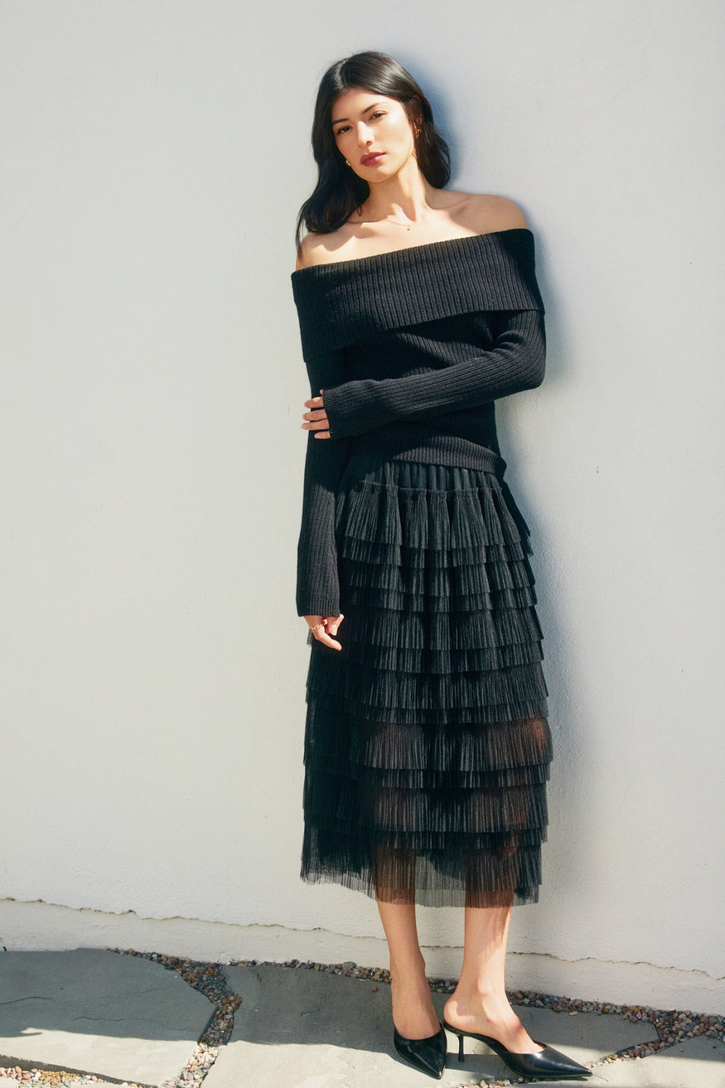 Off Shoulder Rib Sweater - black, womens sweater collection