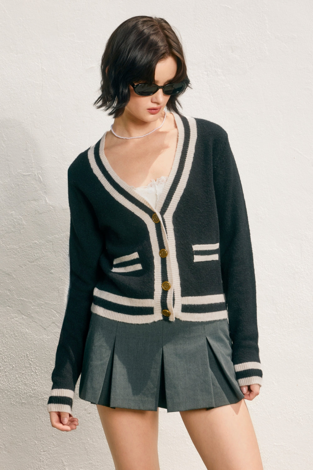 Varsity Button Cardigan - Black/Cream, Women's Tops Collection