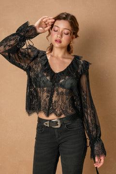 Lace Button Long Sleeve - Black, Women's Tops Collection