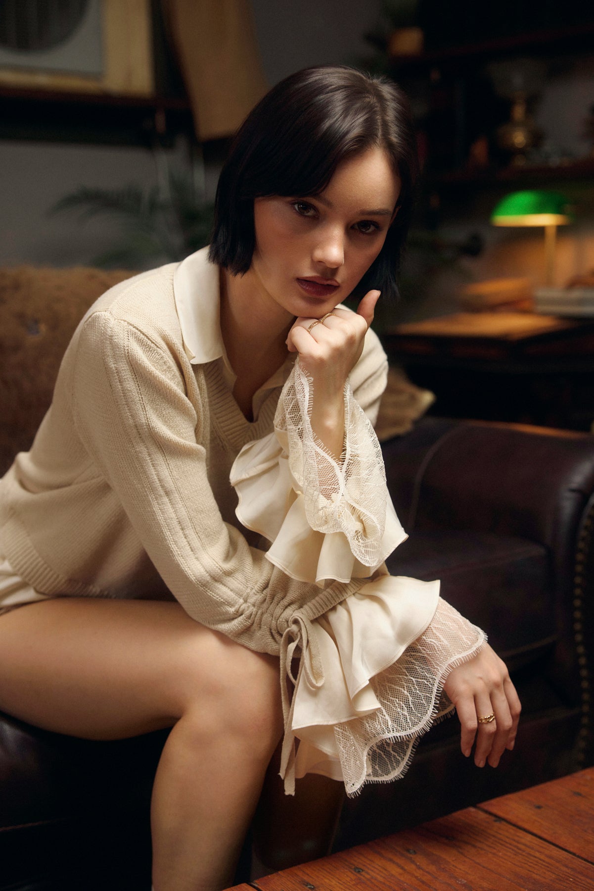 Collared Layered Sweater With Lace Bottom - Cream/Champagne, Women's Tops Collection