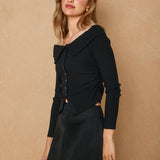 Off Shoulder Sweater With Buttons - black, womens top collection