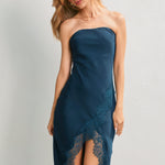 Strapless Satin Lace Trim Dress - emerald, womens dress collection
