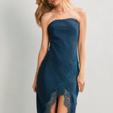 Strapless Satin Lace Trim Dress - emerald, womens dress collection