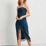 Strapless Satin Lace Trim Dress - emerald, womens dress collection