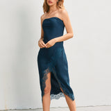 Strapless Satin Lace Trim Dress - emerald, womens dress collection
