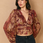 Printed Top With Hook and Eye Bottom - crimson/gold, womens top collection