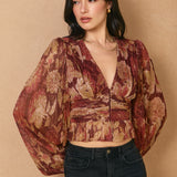 Printed Top With Hook and Eye Bottom - crimson/gold, womens top collection