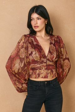 Printed Top With Hook and Eye Bottom - crimson/gold, womens top collection