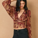 Printed Top With Hook and Eye Bottom - crimson/gold, womens top collection