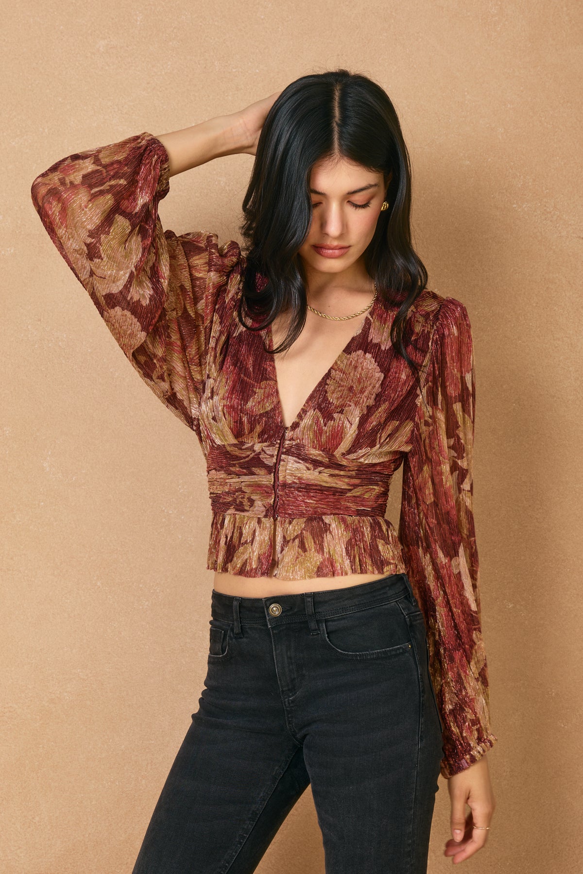 Printed Top With Hook and Eye Bottom - crimson/gold, womens top collection