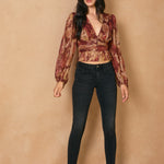 Printed Top With Hook and Eye Bottom - crimson/gold, womens top collection