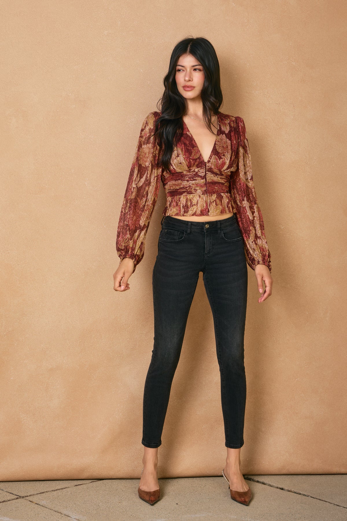 Printed Top With Hook and Eye Bottom - crimson/gold, womens top collection