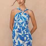 Blue Floral Halter Dress