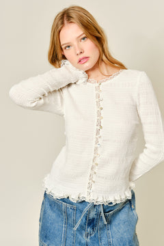 Full Smocked Button Down Top With Lace Edge