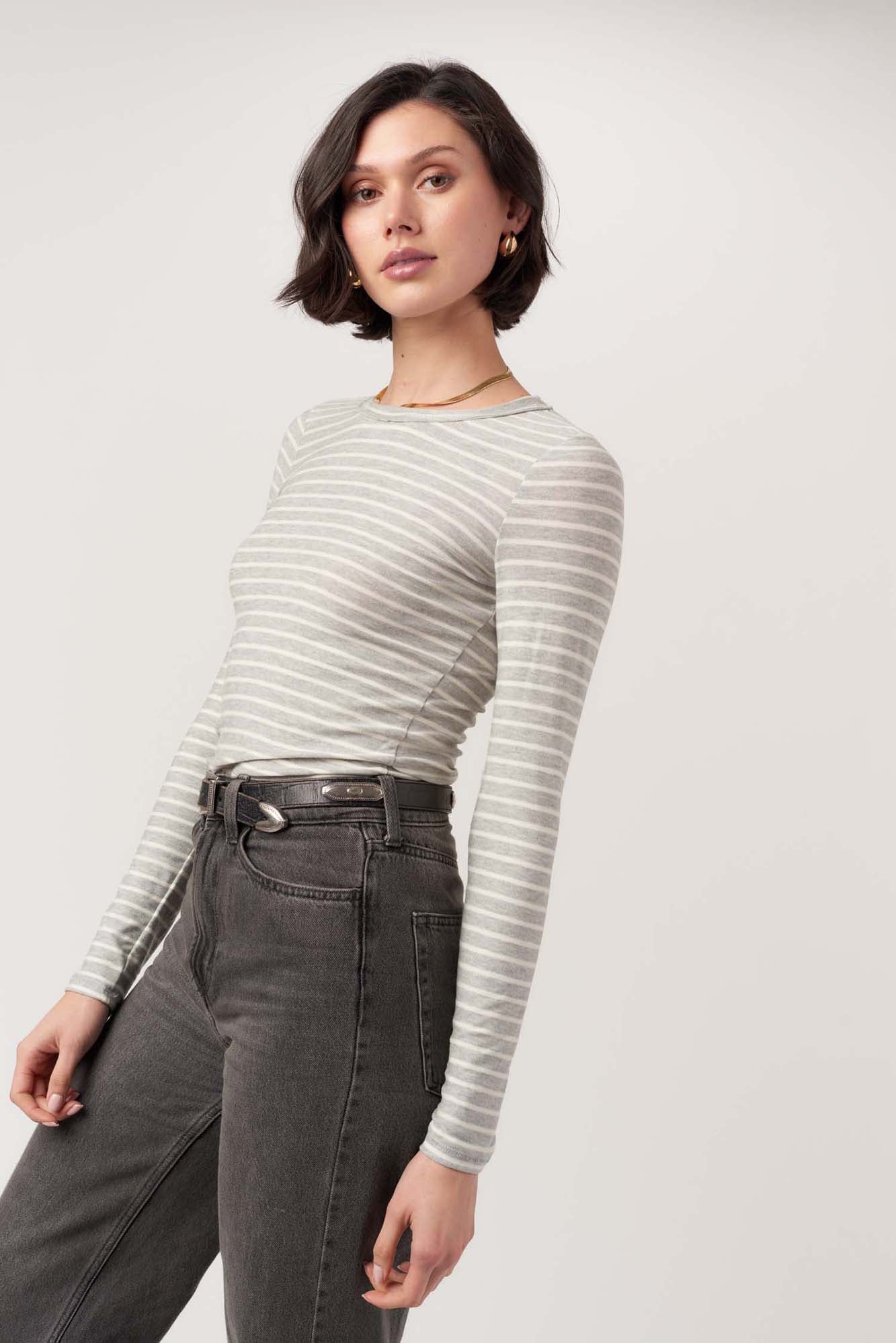 Stripe Crew Neck - heather gray/ivory, womens top collection