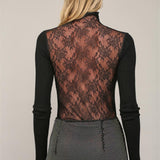 Sheer Lace Back Mock Neck