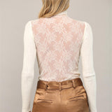 Sheer Lace Back Mock Neck