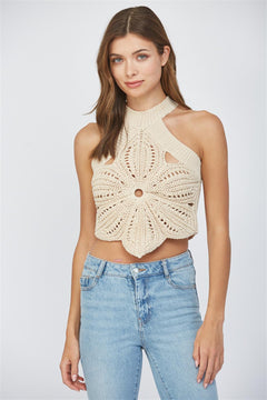 Halter Flower Tank Sweater - Taupe, Women's Tops Collection