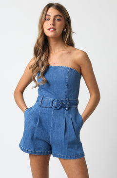Belted Denim Tube Romper