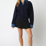 Sweater With Denim Collar And Button Detail - navy, womens sweater collection