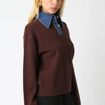 Sweater With Denim Collar And Button Detail - brown, womens sweater collection