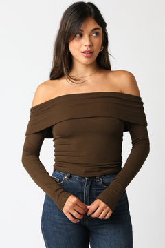 Off Shoulder Long Sleeve Top - Coffee, Women's Tops Collection