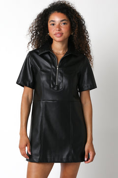 Vegan Leather Collared Mini Dress - black, womens dress collection
