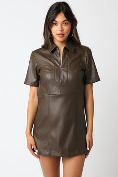 Vegan Leather Collared Mini Dress - coffee, womens dress collection