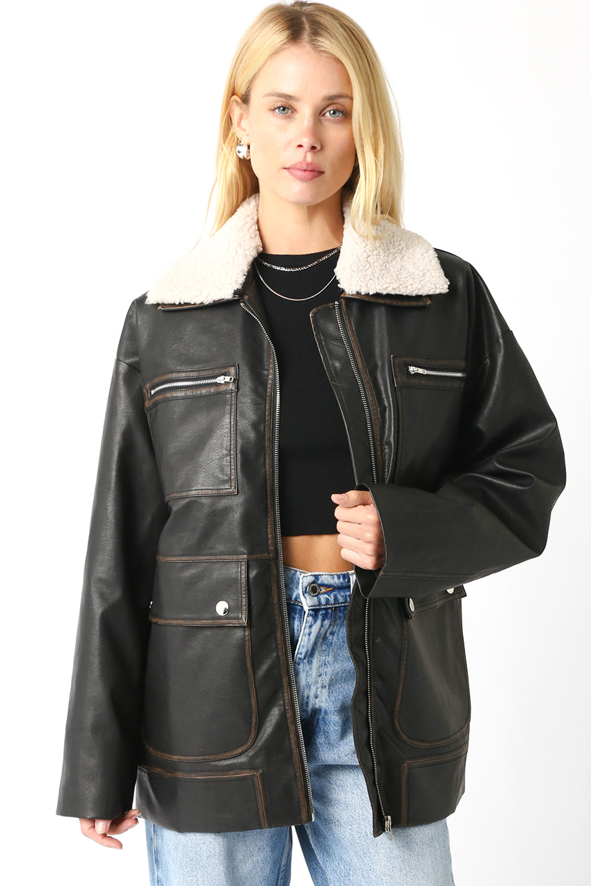 Vintage Leather Trucker Jacket - Brown, Women's Jackets Collection