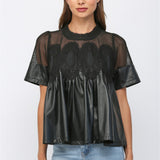 Lace Overlay Faux Leather Babydoll Top