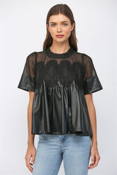 Lace Overlay Faux Leather Babydoll Top