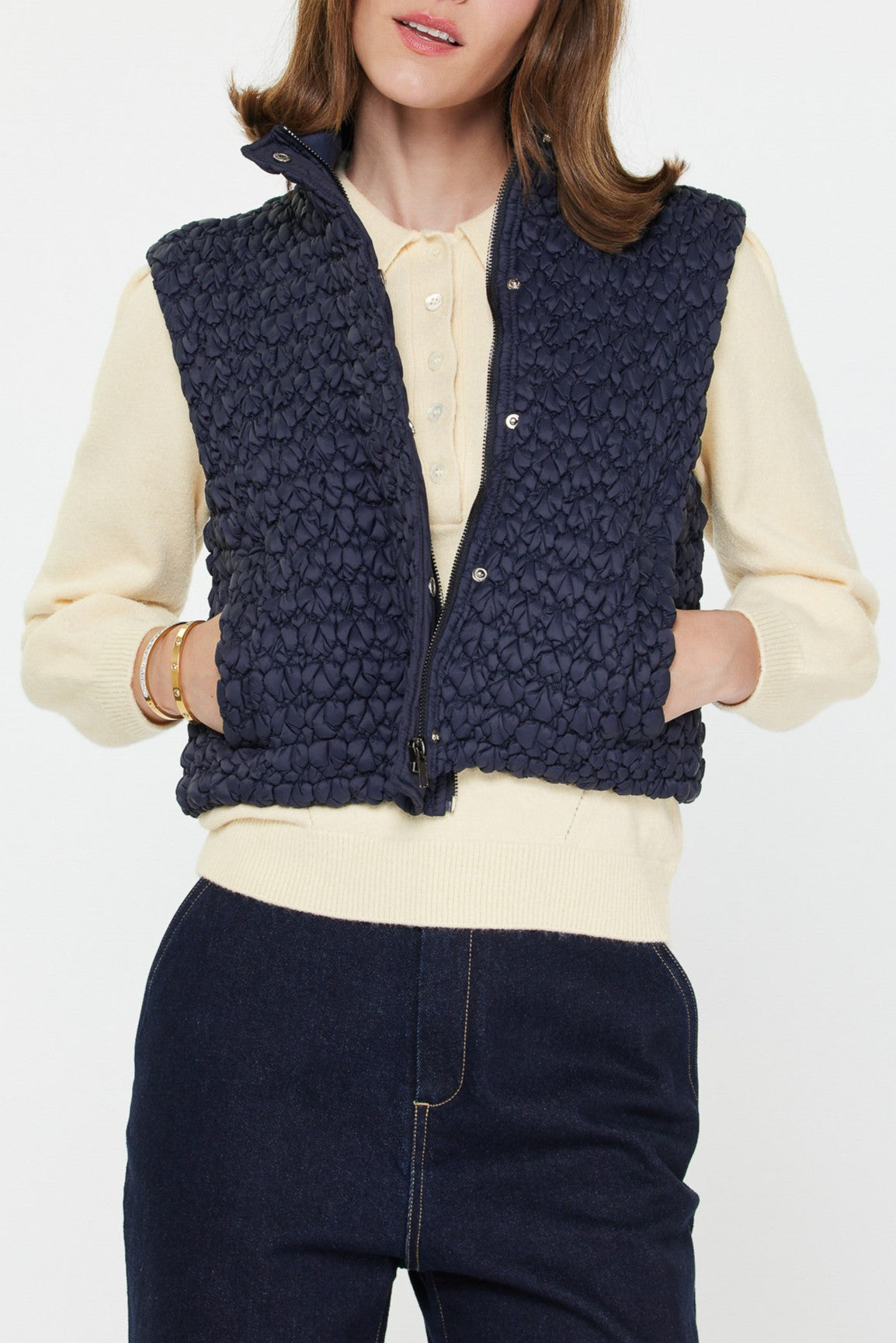 Cropped Quilting Vest - Navy, Women's Vests Collection