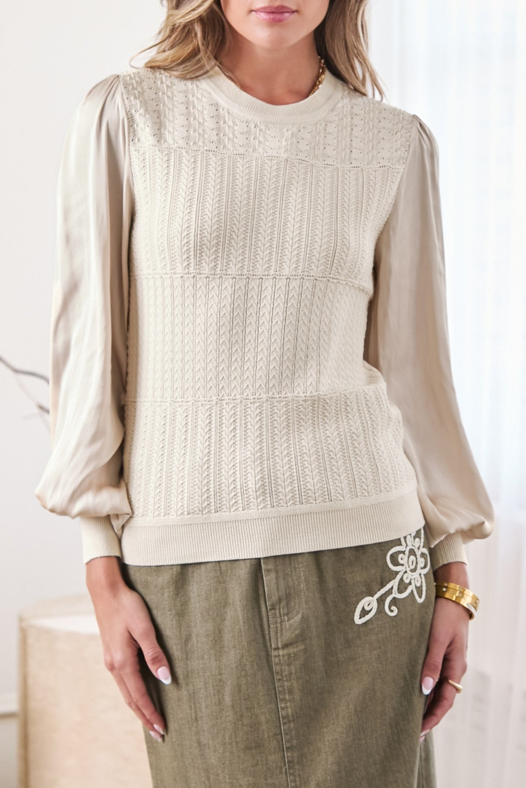 Woven Combo Sweater - champagne, women's top collection