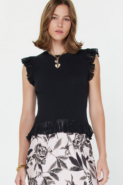 Round Neck Flutter Sleeve Sweater Top - Black, Women's Tops Collection