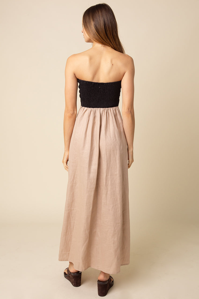 Strapless Linen Two tone Dress Black/Khaki / M