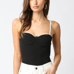 Lace Trim Bustier Bodysuit - black with white trim, womens bodysuit collection