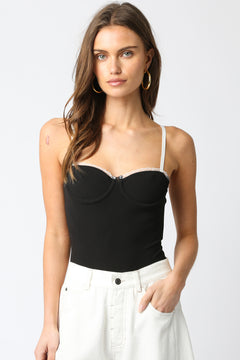 Lace Trim Bustier Bodysuit - black with white trim, womens bodysuit collection