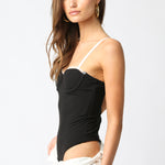 Lace Trim Bustier Bodysuit - black with white trim, womens bodysuit collection
