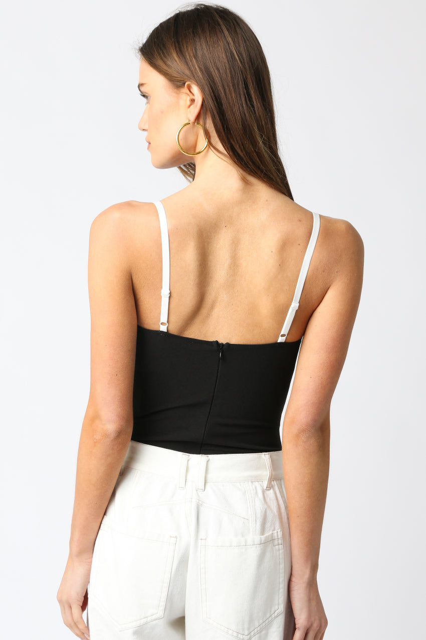 Lace Trim Bustier Bodysuit - black with white trim, womens bodysuit collection
