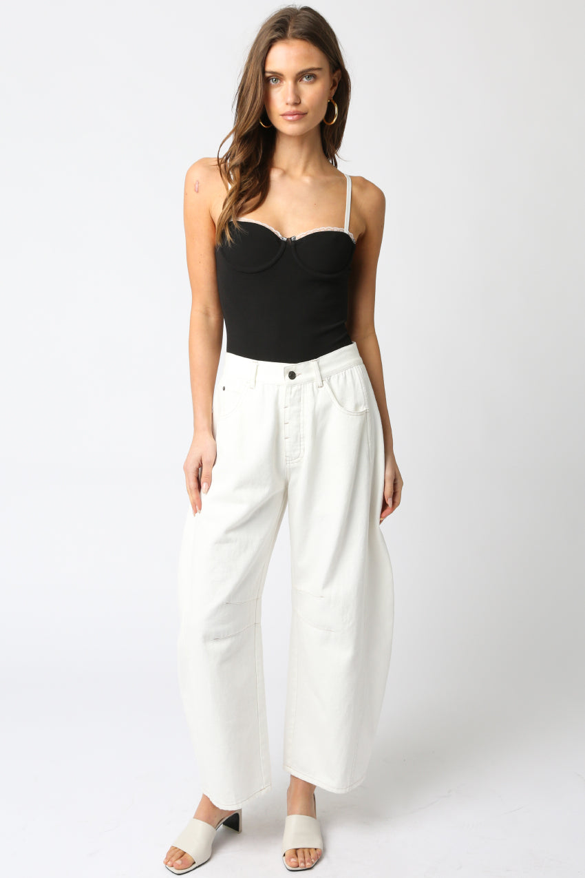 Lace Trim Bustier Bodysuit - black with white trim, womens bodysuit collection
