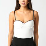 Lace Trim Bustier Bodysuit - white with black trim, womens bodysuit collection