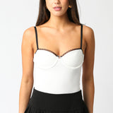 Lace Trim Bustier Bodysuit - white with black trim, womens bodysuit collection