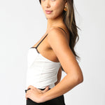 Lace Trim Bustier Bodysuit - white with black trim, womens bodysuit collection