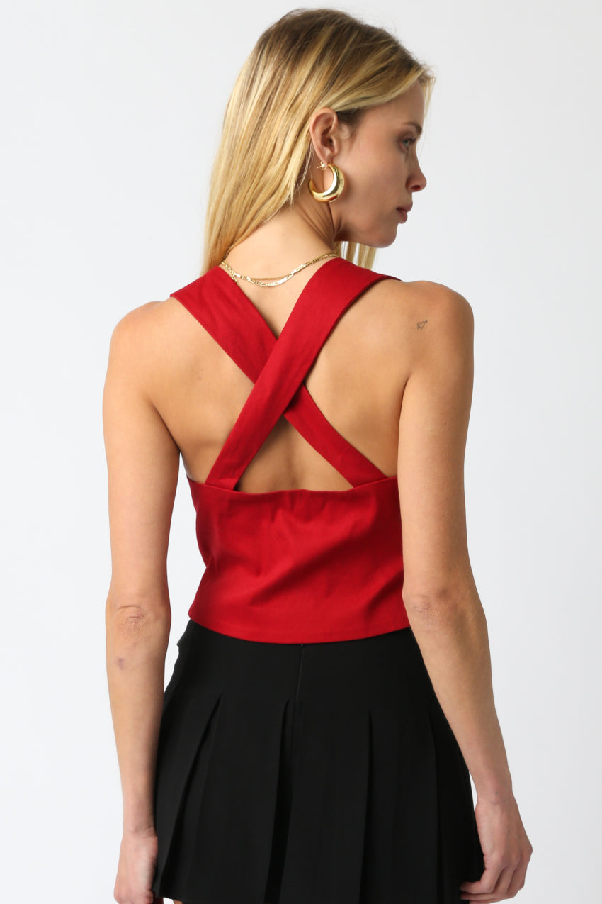 Button Up Cross Back Crop Top - Scarlet, Women's Tops Collection