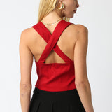 Button Up Cross Back Crop Top - Scarlet, Women's Tops Collection
