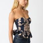 Strapless Floral Corset - navy blue with cream/brown flowers, womens top collection
