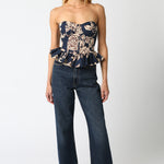 Strapless Floral Corset - navy blue with cream/brown flowers, womens top collection