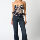 Strapless Floral Corset - navy blue with cream/brown flowers, womens top collection