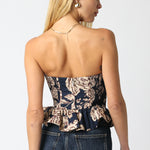 Strapless Floral Corset - navy blue with cream/brown flowers, womens top collection
